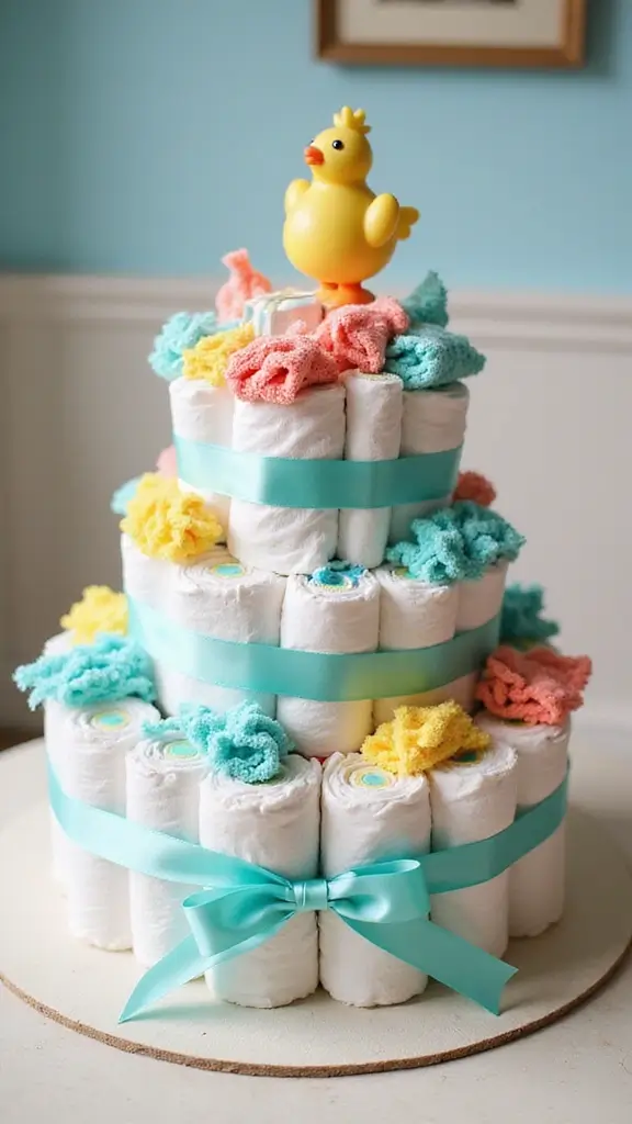 19 Easy Diaper Cake Ideas for First-Time Parents - 16. Bubbles and Bath Diaper Cake