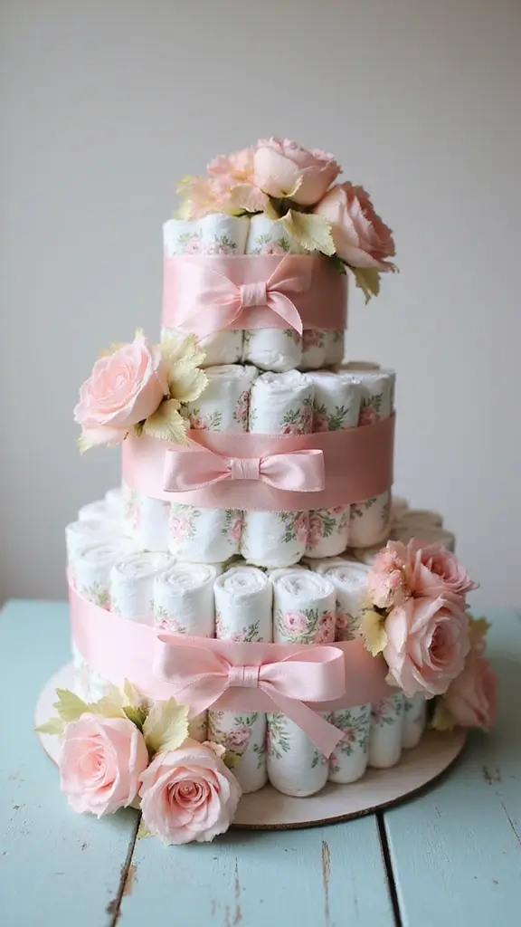 19 Easy Diaper Cake Ideas for First-Time Parents - 4. Floral Fantasy Diaper Cake