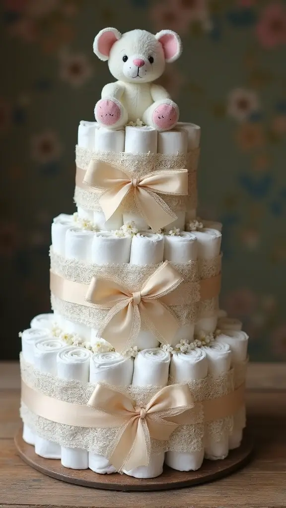 19 Easy Diaper Cake Ideas for First-Time Parents - 7. Vintage Charm Diaper Cake