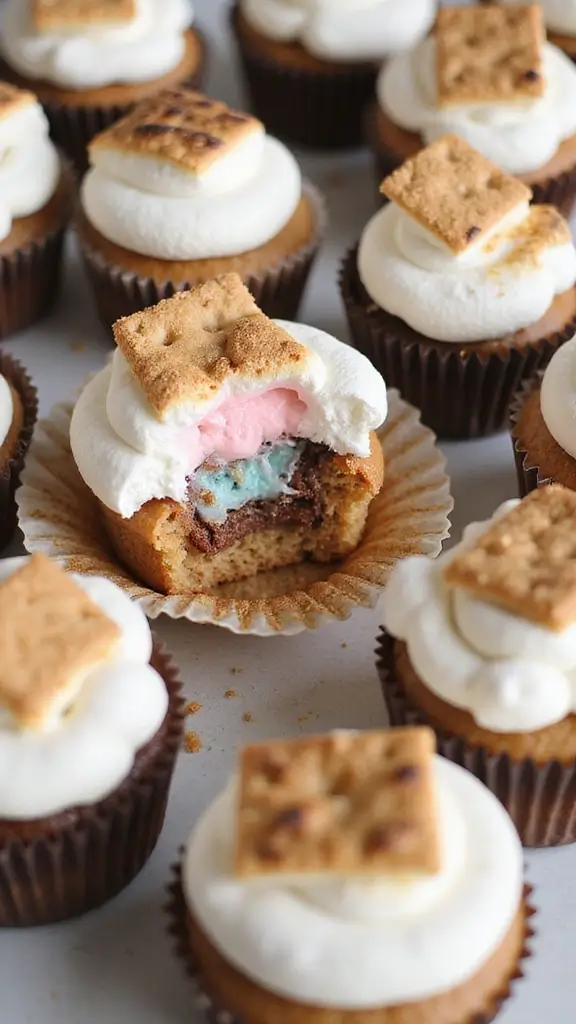 25 Parenting-Approved Gender Reveal Cupcake Ideas Everyone Will Love - 7. Sβmores Gender Reveal Cupcakes